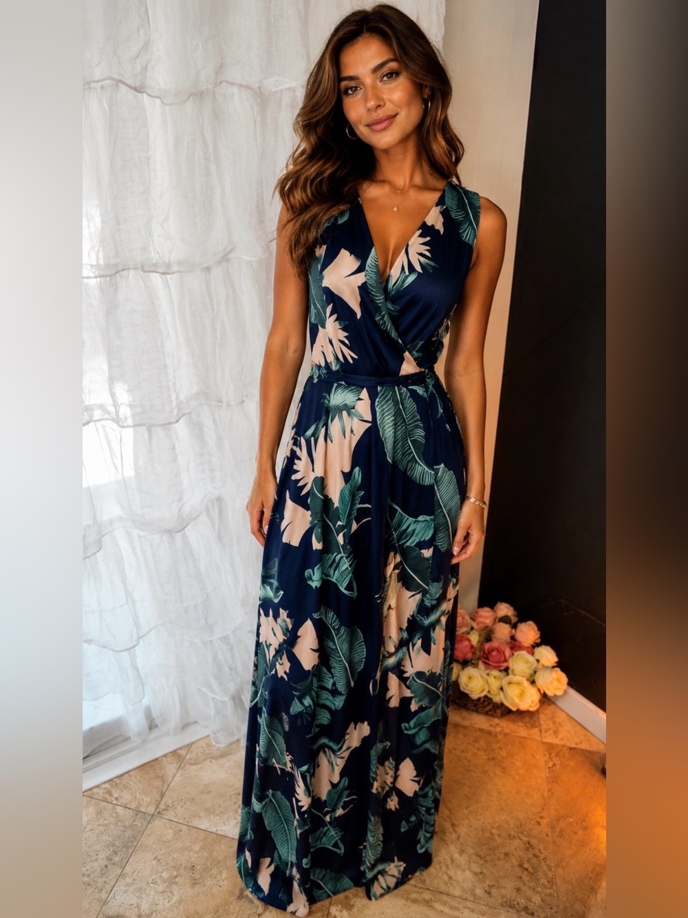 Ivory Leaf Print Navy Tropical Wrap Maxi Dress Large